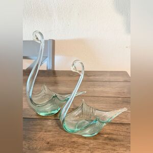 Murano Style Art Glass Swan Figurines Set of 2 Vintage Mid Century Decor
